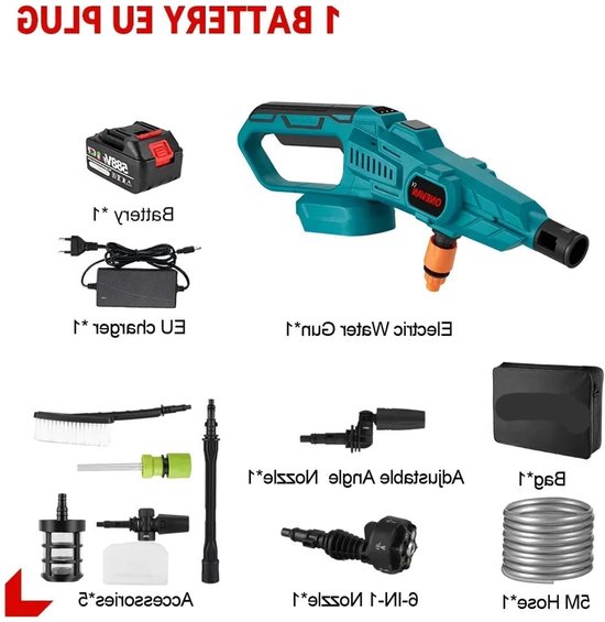 Hogedrukreiniger Accu - 200Bar - Hogedrukspuit - Draadloze 3500W - Krachtige Waspistool - met 6-in-1 Nozzle - Compatibel met 18V Accu - 1 Accu's met 1 Lader van Merkloos	