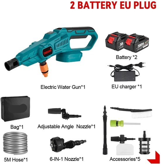 Hogedrukreiniger Accu - 200Bar - Hogedrukspuit - Draadloze 3500W - Krachtige Waspistool - met 6-in-1 Nozzle - Compatibel met 18V Accu - 2 Accu's met 1 Lader van Merkloos	
