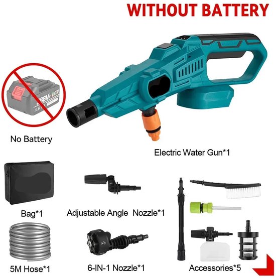 Hogedrukreiniger Accu - 200Bar - Hogedrukspuit - Draadloze 3500W - Krachtige Waspistool - met 6-in-1 Nozzle - Compatibel met 18V Accu - Zonder Accu van Merkloos	