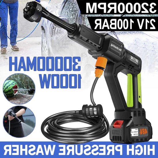 Hogedrukreiniger - Accu - Draadloze - 1000W - 100Bar - 30000mAh - Krachtige Waspistool - 6-in-1 Nozzle - Voor Auto en Thuisgebruik - 1 Accu van Merkloos	