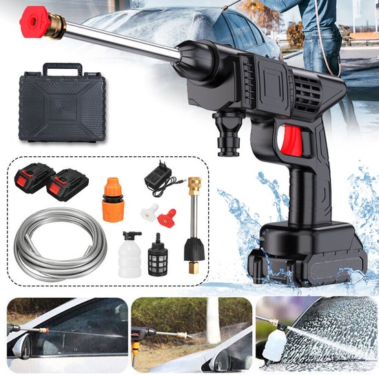 Hogedrukreiniger - Batterij 10000mAh - 22Bar Druk - dubbele filtratie - 3 Waterstanden - Bereik van 10 m - Inclusief 5 m slang + schuimpot - Voor Auto & Tuin