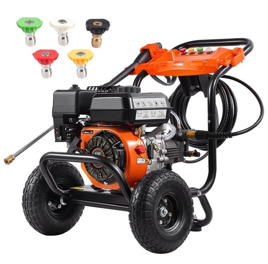 Hogedrukreiniger - Benzine - Max 3500 PSI (241 bar) - Debiet 10 L/min - Aluminium Pomp - Hogedrukpistool en Verlengstok - Set van 5 Sproeiers - Terrasreiniger Opzetstuk
