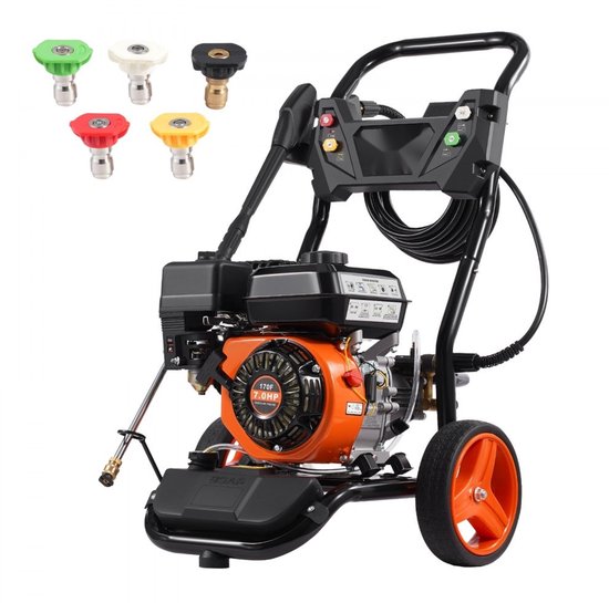 Hogedrukreiniger - Benzine - Max. 3950 PSI (272 bar) - Wateropbrengst 10 L/min - Koperen pomp - Hogedrukpistool met verlengstuk - Set van 5 spuitmonden - Terrasreiniger van Merkloos	