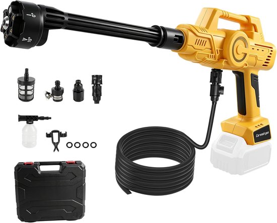 Hogedrukreiniger compatibel met Dewalt 18/20V, 21000 RPM 69 bar draagbare handheld krachtreiniger met 6-in-1 mondstuk voor het reinigen van autovloeren, hekken en muren (geel)