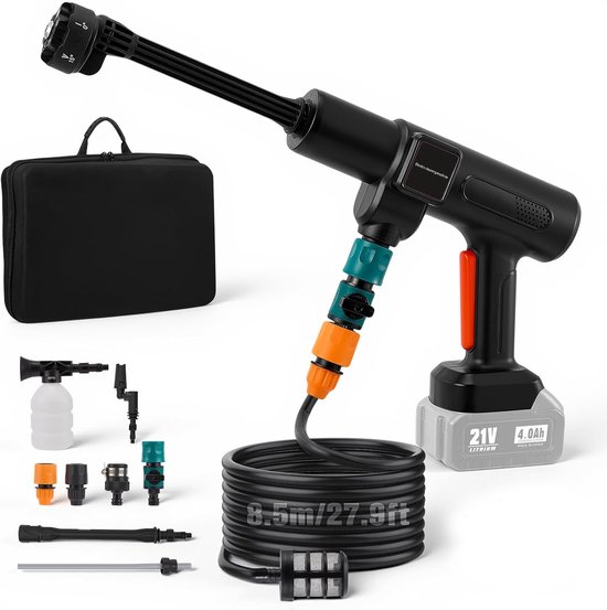 Hogedrukreiniger, compatibel met Makita 18 V, 83 bar, draagbare hogedrukreiniger met verstelbaar 6-in-1 mondstuk, 8,5 m slang voor het reinigen van auto/tuin