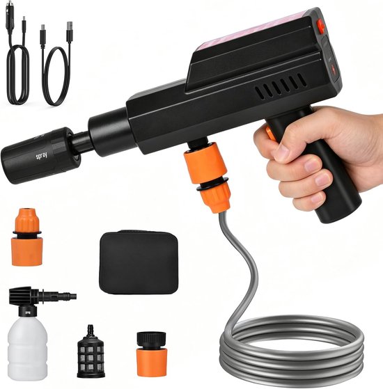 hogedrukreiniger, draadloos, 12.000 mAh, 4 drukniveaus | USB-C-opladen en 12 V auto-voeding, 5-in-1 mondstuk, slang 5 m, schuimtank, koffer voor auto, fiets en tuin