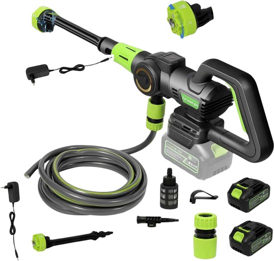 Hogedrukreiniger Draadloos – Hogedrukspuit op Batterij – Tot 120 Bar – 6-in-1 – Inclusief Accessoires – Voor Auto, Tuin en Terras van Merkloos	