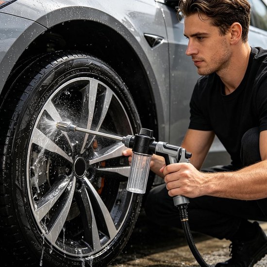 Hogedrukreiniger - Draagbaar, zwaar uitgevoerd met snelkoppeling - Inclusief schuimfles voor het wassen van auto's, terrassen, tuinreiniging, besproeien en detailreiniging. van Merkloos	