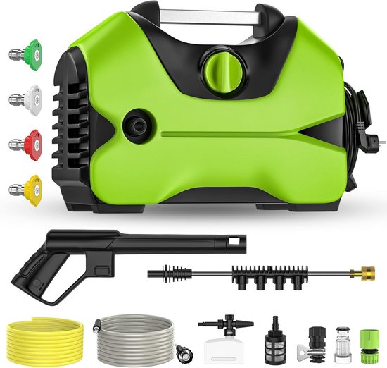 Hogedrukreiniger, druk max. 120 bar, vermogen 1400 W, debiet: 350 l/u, 4 soorten sproeiers, hogedrukslang 16 m en 1,5 m netsnoer, hogedrumpistool, waterfilter