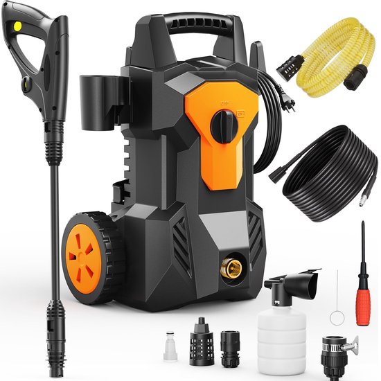 Hogedrukreiniger Elektrisch - 1600 W Max Druk 140 Bar - 420 L/u Waterdebiet - Oranje Zwart - Voor Auto Tuin En Terras