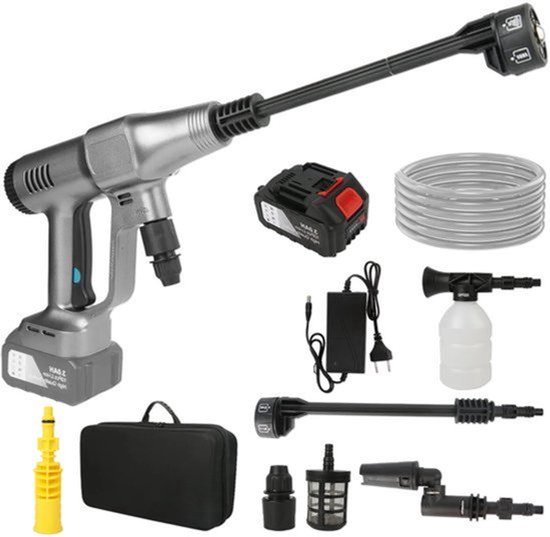 Hogedrukreiniger - Hogedruk Auto-Wasser - Hogedrukspuit - Draadloze - 3500W - 18V - 200Bar - 6-in-1 Mondstuk - 1 Accu - Grijs