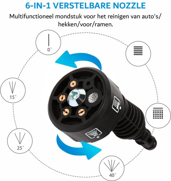 Hogedrukreiniger - Hogedrukspuit - Draadloos - Draagbaar - Compact - 6-in-1 - 21V - 4.0Ah - Incl Sneeuwschuim - Mondstuk - 30 Bar - Jet Nozzle - Hoek Nozzle - Wit - 435PSI 30 Bar