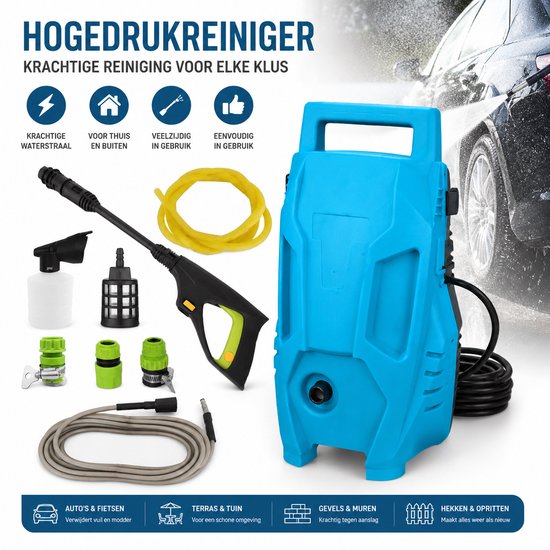 Hogedrukreiniger / Hogedrukspuit / Reinigingsapparaat – Blauw – Met pistool, lans, sproeikop, filter, schuimkanon, snelkoppelingen & slangen (2m + 7m) – Voor auto, terras, gevel, tuin & fiets – Incl. handleiding