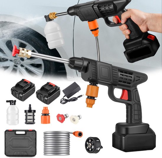 Hogedrukreiniger, Max 90 Bar Draagbare Mobiele Hogedrukreiniger met 2 x 6000 mAh Accu, 6-in-1 Multi-spray Sproeikop, 5M Slang, Verlenglans, Tuingereedschap voor Huisdieren en Auto