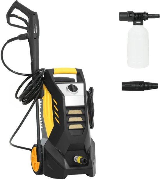 Hogedrukreiniger met 5-delige Accessoires - 1800W – 135 bar – 540 l/h – Incl. 5m Slang, Verstelbare Spuitstukken en Accessoires - Auto Was Set - Terrasreinigers - Hogedrukspuit - Geel+Zwart van Merkloos	