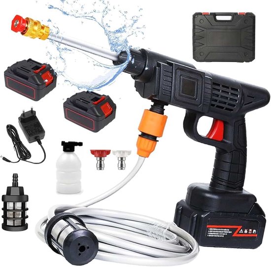 Hogedrukreiniger met accu, 21 V, 15.000 mAh, met 2 batterijen, draagbare professionele hogedrukreiniger met gereedschapskist voor auto, terras en tuin, van vloeren en buiten, zwart