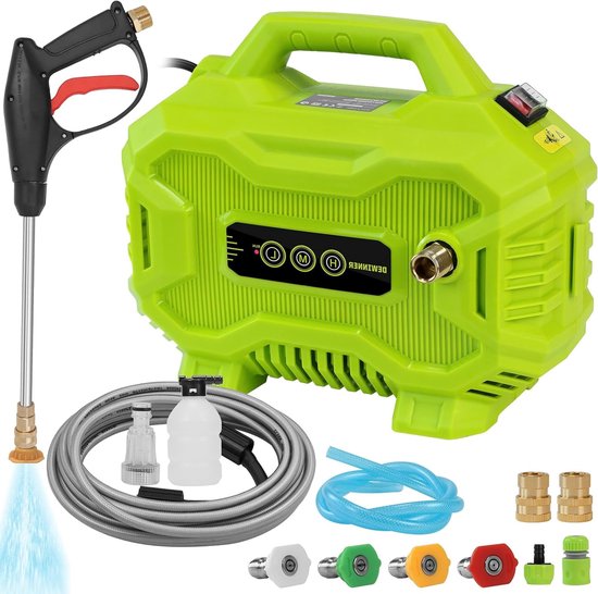 Hogedrukreiniger – Mini Hogedrukspuit – Waterdrukreiniger – Terrasreiniger – Draagbare Hogedrukspuit – 130 Bar Max Druk – 3 Instelbare Drukstanden & 8 Meter Slang met Schuimsproeier van Merkloos	