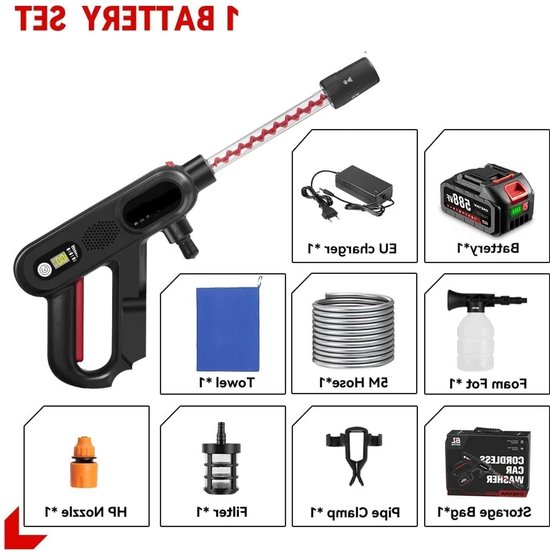 Hogedrukreiniger - Terrasreiniger - Accu - Elektrische - 220Bar - 5-in-1 - Draadloos Spuitpistool - 1 Batterij & EU-Stekker voor Auto, Tuin En Terras van Merkloos	
