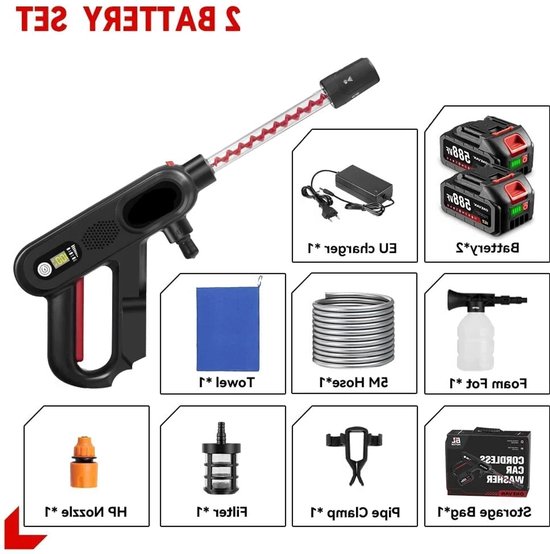 Hogedrukreiniger - Terrasreiniger - Accu - Elektrische - 220Bar - 5-In-1 - Draadloos Spuitpistool - 2 Batterijen & EU-Stekker voor Auto, Tuin en Terras van Merkloos	