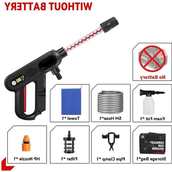 Hogedrukreiniger - Terrasreiniger - Accu - Elektrische - 220Bar - 5-in-1 - Draadloos Spuitpistool - met 3 Snelheden voor Auto, Tuin en Terras (Zonder Batterij) van Merkloos	