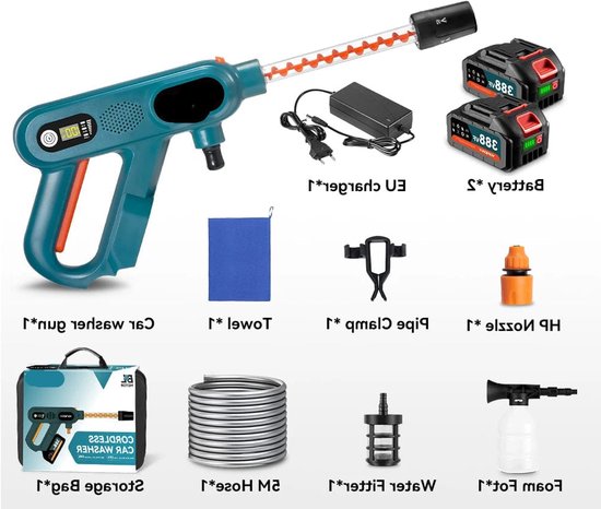 Hogedrukreiniger - Terrasreiniger - Accu - Elektrische - Elektrische Waterdrukspuit - 220Bar - 5-In-1 - 3 Snelheden - Draadloos Spuitpistool - Inclusief 2 Accu’s – Voor Auto, Tuin en Terras van Merkloos	
