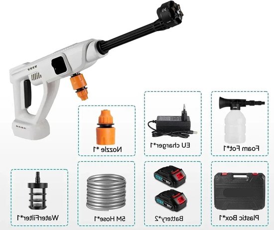 Hogedrukreiniger - Terrasreiniger - Accu - Elektrische Waterdrukspuit - 100Bar - 6-in-1 Spuitkop – Met 2 Accu’s en Opbergbox – Voor Auto en Tuin - Draadloos Spuitpistool van Merkloos	