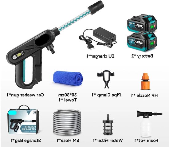 Hogedrukreiniger - Terrasreiniger - Accu - Elektrische Waterdrukspuit - 220Bar - 3 Snelheden – Met 2 Accu's – Elektrische Spuit voor Auto, Tuin en Terras - Draadloos Spuitpistool van Merkloos	