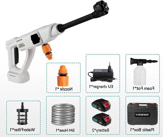 Hogedrukreiniger - Terrasreiniger - Hogedruk - Waterpistool - Draadloze - Elektrische - 100 Bar - 20500RPM - Pressure Washer - Reinigingssnelheid - voor Auto en Tuin - Compatibel met 18V/21V Batterijen - inclusief 2 Accu van Merkloos	