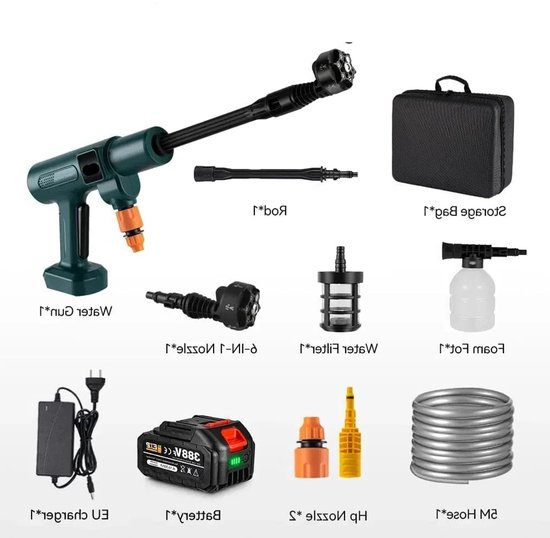 Hogedrukreiniger - Terrasreiniger - Hogedruk - Waterpistool - Draadloze - Elektrische - 200 Bar - 3500W - 6-in-1 Spuitkop - Pressure Washer - voor Auto en Tuin - Geschikt voor 18V Batterijen - inclusief 1 Accu van Merkloos	
