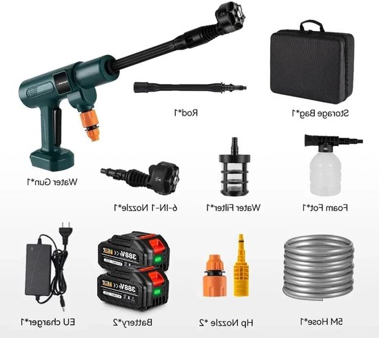 Hogedrukreiniger - Terrasreiniger - Hogedruk - Waterpistool - Draadloze - Elektrische - 200 Bar - 3500W - 6-in-1 Spuitkop - Pressure Washer - voor Auto en Tuin - Geschikt voor 18V Batterijen - inclusief 2x Accu van Merkloos	