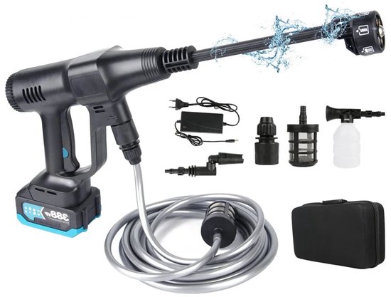 Hogedrukreiniger - Terrasreiniger - Hogedrukreiniger Accu - Elektrische Hogedrukreiniger - 200Bar - 6-in-1 - Draadloos Spuitpistool - voor Auto - Tuin - Terras - 3500W - 18V - Zwart van Merkloos	