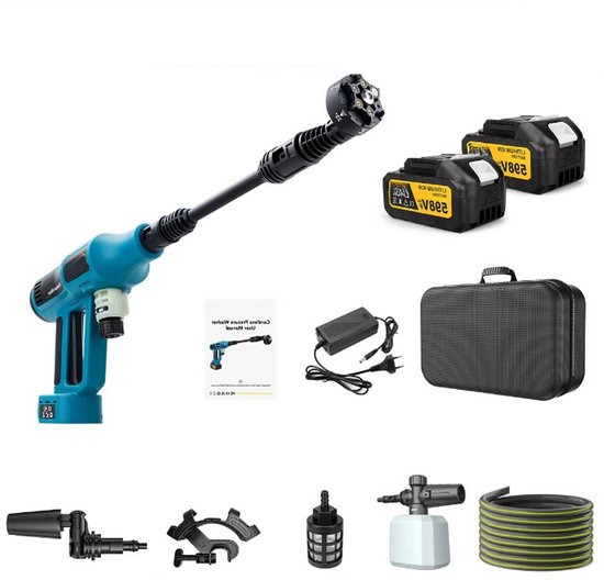 Hogedrukreiniger - Terrasreiniger - Hogedrukreiniger Accu - Elektrische Hogedrukreiniger - 250Bar - Draadloos Spuitpistool - met 2 x Accu - Draagtas - voor Auto - Tuin - Terras - 18V - Blauw van Merkloos	