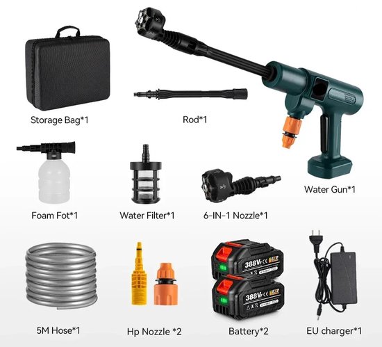 Hogedrukreiniger - Terrasreiniger - Hogedrukspuit - Spuitpistool - 6-in-1 - Draadloze - 200Bar - 3500W - met 2 Accu’s en EU Stekker voor Auto, Tuin en Terras van Merkloos	