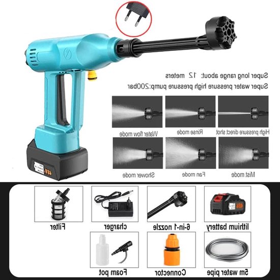 Hogedrukreiniger - Terrasreiniger - Waterpistool - Draadloze - Elektrische - 30000mAh Accu - 200 Bar - 6-in-1 Spuitpistool - Pressure Washer - en Verstelbare Nozzle - Autowasser en Tuinreiniger – Inclusief 1x Accu van Merkloos	