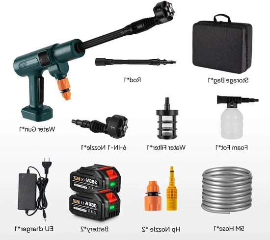 Hogedrukreiniger - Terrasreiniger - Waterpistool - Draadloze - Elektrische - 3500W - 200 Bar - 6-in-1 Spuitmond - Pressure Washer - Borstelloze - voor Auto en Tuin – Compatibel met 18V/21V Batterijen - inclusief 2 Accu van Merkloos	