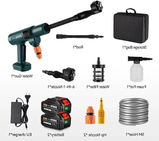 Hogedrukreiniger - Terrasreiniger - Waterpistool - Draadloze - Elektrische - 3500W - 200 Bar - 6-in-1 Spuitmond - Pressure Washer - Borstelloze - voor Auto en Tuin – Compatibel met 18V/21V Batterijen - inclusief 2 Accu