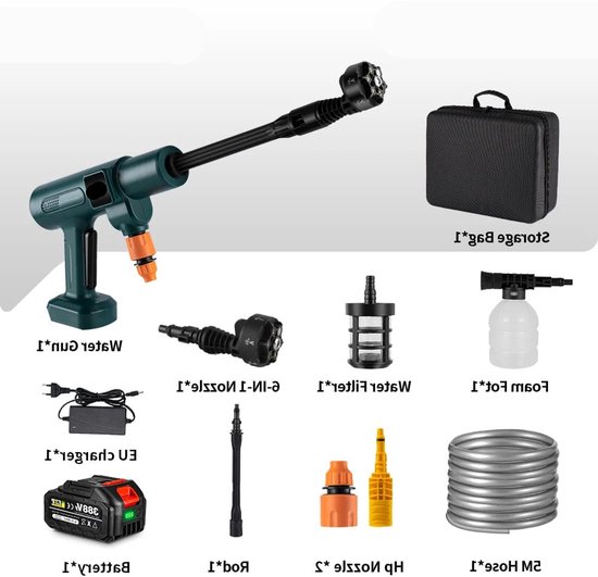 Hogedrukreiniger - Terrasreiniger - Waterpistool - Draadloze - Elektrische - 3500W - 200 Bar - 6-in-1 Spuitmond - Pressure Washer - Borstelloze - voor Auto en Tuin – Instelbare Snelheid - Compatibel met 18V/21V Batterijen - inclusief 1 Accu van Merkloos	
