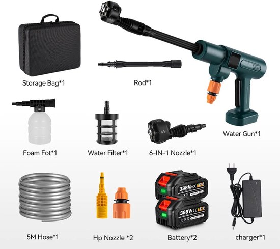 Hogedrukreiniger - Terrasreiniger - Waterpistool - Draadloze - Elektrische - 3500W - 200 Bar - 6-in-1 Spuitmond - Pressure Washer - voor Auto en Tuin - Compatibel met 18V/21V Batterijen - inclusief 2 Accu van Merkloos	
