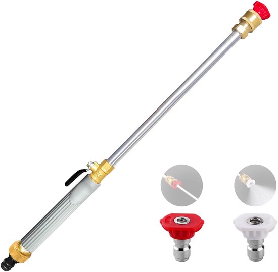 Hogedrukreiniger voor tuinslangen, voorzien van een metalen stang en twee sproeikoppen, voor zowel hogedrukreiniging als zacht water geven; geschikt voor het reinigen van auto's en tuinen - grijs. van Merkloos	