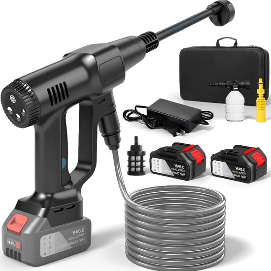 Hogedrukreiniger, werkt op batterijen, 21 V max. 200 bar, draagbare hogedrukreiniger met 3,0 Ah accu, Press & Clean reinigingspistool met lcd-display en 3 snelheden (zwart met 2 batterijen)