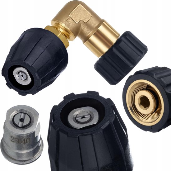 Hogedrukslans M22 90 graden, verwisselbaar platte straalmondstuk, messing hoekstuk, 150 bar, 8 l/min, 60 °C, reserveonderdeel voor hogedrukreiniger Kärcher HD HDS, reiniging van ondervloeren, machines