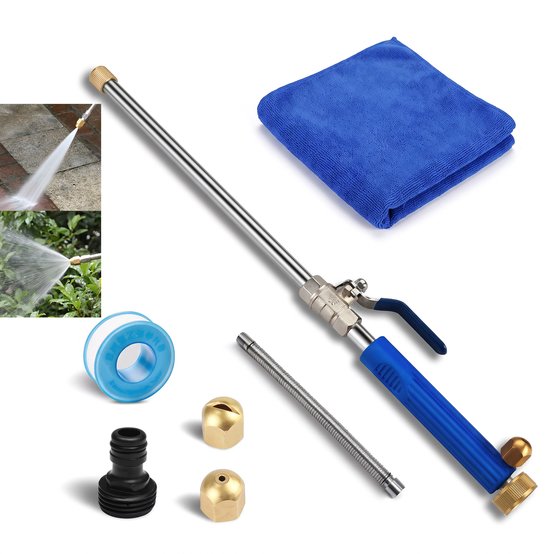 Hogedrukspuit - Hoge druk spuit - 2 Spuitmond - Voor auto, terras en tuin - Verlengbuis, afdichtingstape en doek - Blauw - Plantspuit - Waterjet - drukreiniger - Tuin - Waterspuit - Hogedruk pistool - Spuitmond - Waterspuit - Opzetstuk Tuinslang