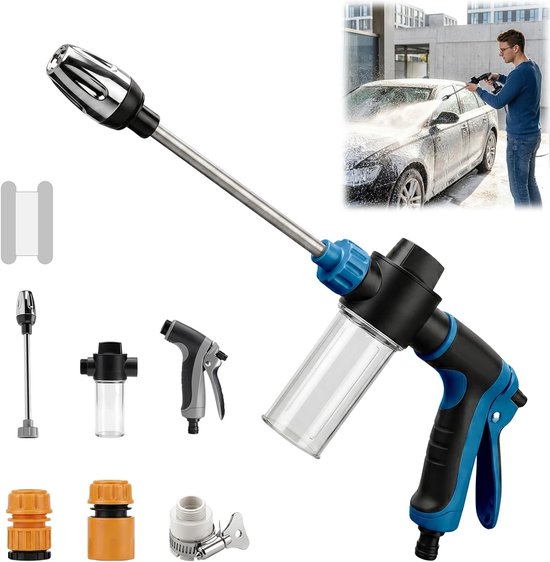 Hogedrukspuit voor auto- en tuinreiniging, inclusief schuimemmer, tuinslang en 3 aansluitingen, ideaal voor patio en buitengebruik