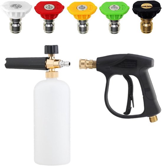 Hogedrukwaspistool met 1 l, verstelbaar schuimkanon, mondstuk voor zeepdispenser, fles, reinigingsset voor straalschijf, M22-14 mm, voor Kärcher slang