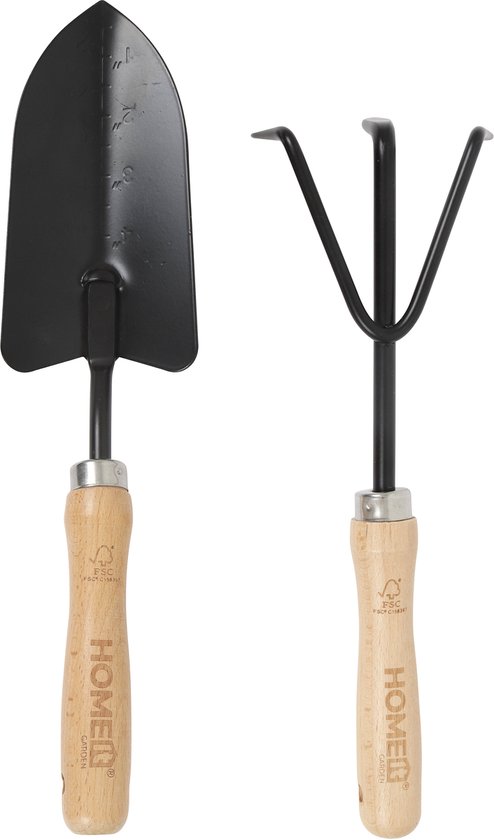HOME It® Planteschep en Handcultivator – Zwart Koolstofstaal & FSC Beukenhout – Tuingereedschap voor Kruiden, Planten, Bloembakken, Borders & Moestuin – Set van 2 – Ergonomisch van Merkloos	