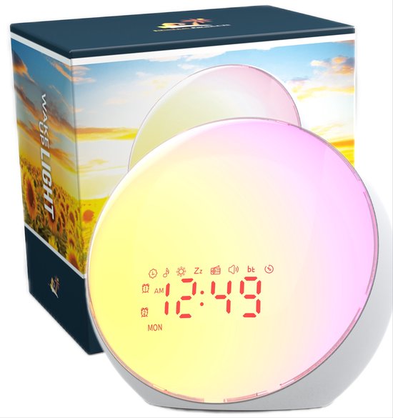 HomeBay Products Wake-Up Light - wekkerradio - Bed Sfeerlamp - Digitale Wekker - White noise - Klok - Batterij Backup - 2 Alarmen - Dimbaar display – USB oplaad poort - RGB Effecten - Eenvoudige bediening - 12 of 24 uurs instelling - Batterijbackup van HomeBay Products