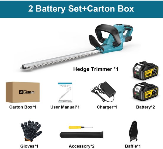 HomeGoodies Accu Heggenschaar 2000W – Elektrische Heggentrimmer 510 mm – Draadloos -2 Accu’s – Voor Makita 18V Batterijen
