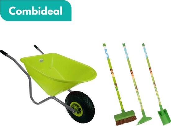 HomGar - COMBIDEAL - Kinderkruiwagen - Kinderschep - Kinderhark - Kinderbezem - Kinderkruiwagen met luchtband – Hoogwaardige kwaliteit - Kinderspeelgoed - Metaal/Kunststof - Lime/Grijs van HomGar