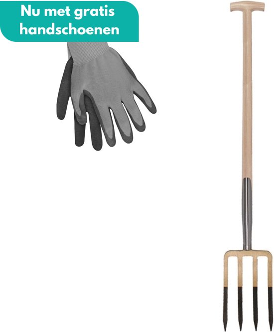 HomGar - Spitvork -Tuinvork - Mestvork - Stalvork - Bladvork - Hooivork - 4 tanden - Essenhouten steel 85 cm - Nu met GRATIS handschoenen van HomGar