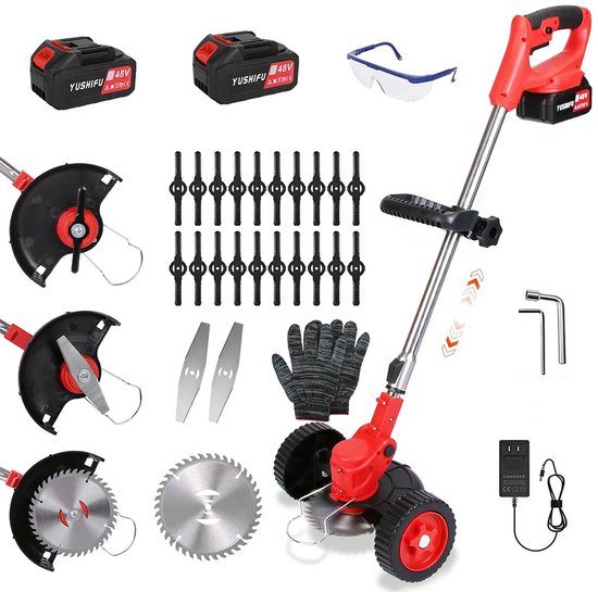 HOMTAS 3-in-1 Kantenmaaier - Grastrimmer - Bosmaaier - Grasmaaier - Draadloos & Elektrisch - Incl. 2 Accu ‘s & Snellader met wielen –Red-15cm Cutting Diameter
